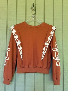 Golden Rust Brown Embroidered Ruffle Cropped Sweatshirt S Western Boho
